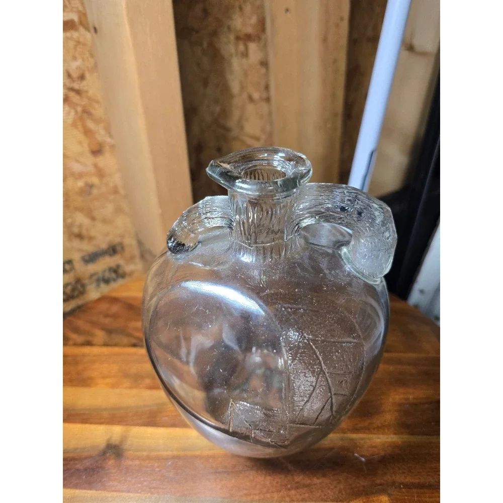 Vintage Clear Glass Apple Shaped Decorative Jug Double Handle Leaf Embossed 7in